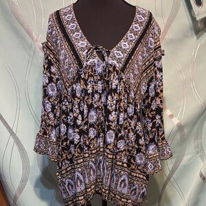 Free People Black and Blue Patterned Blouse